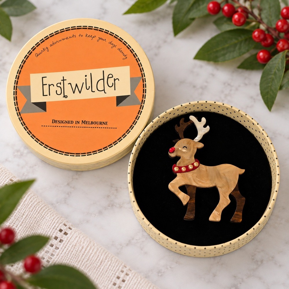 NWT Erstwilder Reindeer Brooch 2018 Womens Guide My Sleigh Christmas Holiday Pin